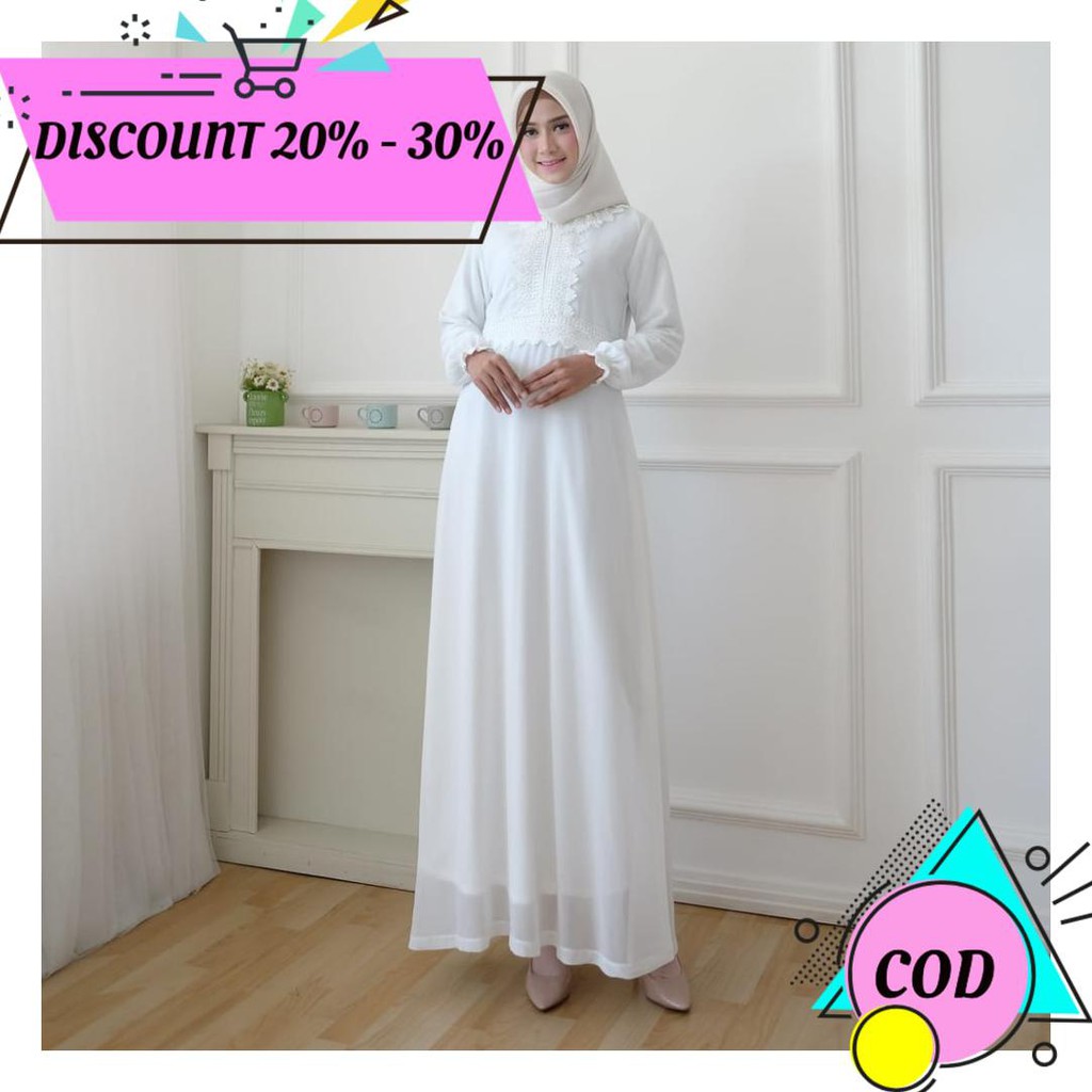 (BAYAR DITEMPAT) AGNES BAJU GAMIS WANITA / GAMIS BRUKAT / GAMIS PUTIH / BUSANA BAJU MUSLIM WANITA