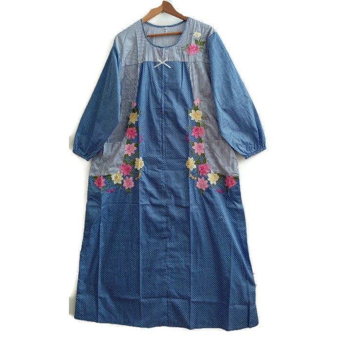 DASTER BORDIR JUMBO PANJANG KATUN JAPAN POLKADOT BLUE LJJ-1202