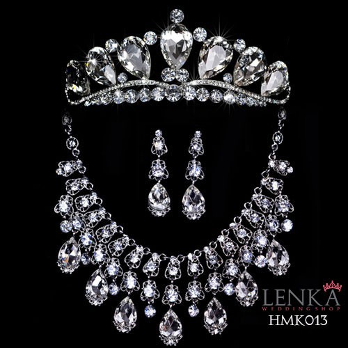 Paket Crown Kalung Anting Wedding Aksesoris Royal Pengantin Lenka - HMK013