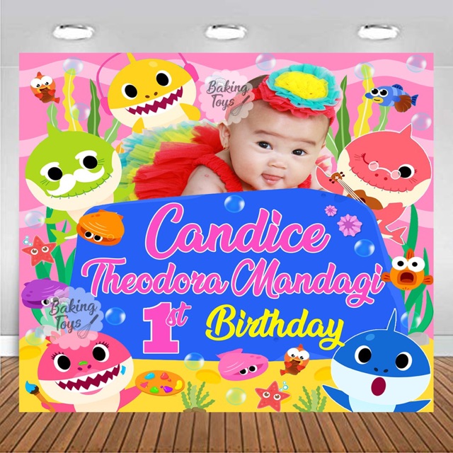 Backdrop / Spanduk / Background / Banner Flexi Birthday / Ulang Tahun Baby Shark