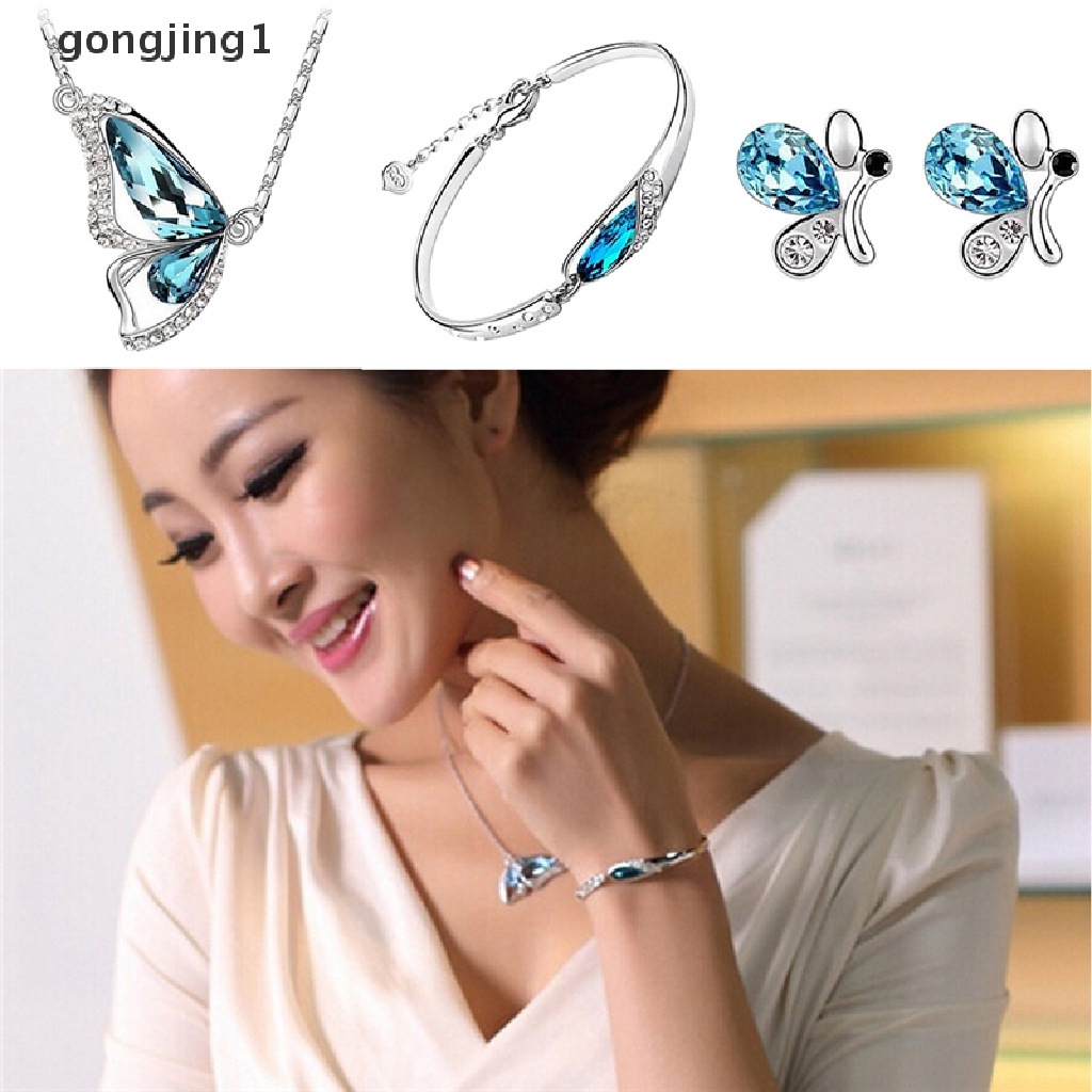 Set Perhiasan Kalung Anting Gelang Kristal Butterfly