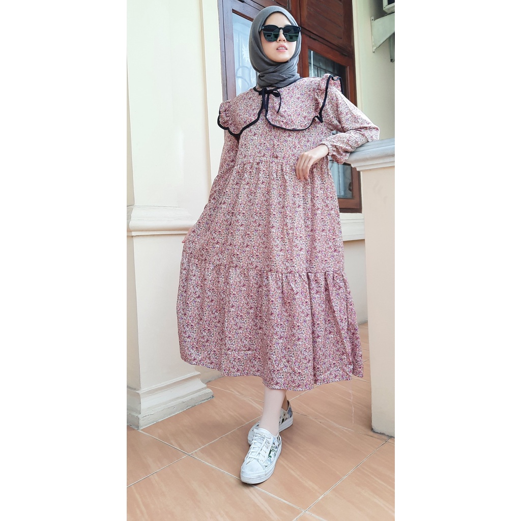 Ellenia Gamis Wanita Fashion Muslim Long Midi Dress/Baju Lebaran Model Motif Terbaru Kerah 2in1 Gaya