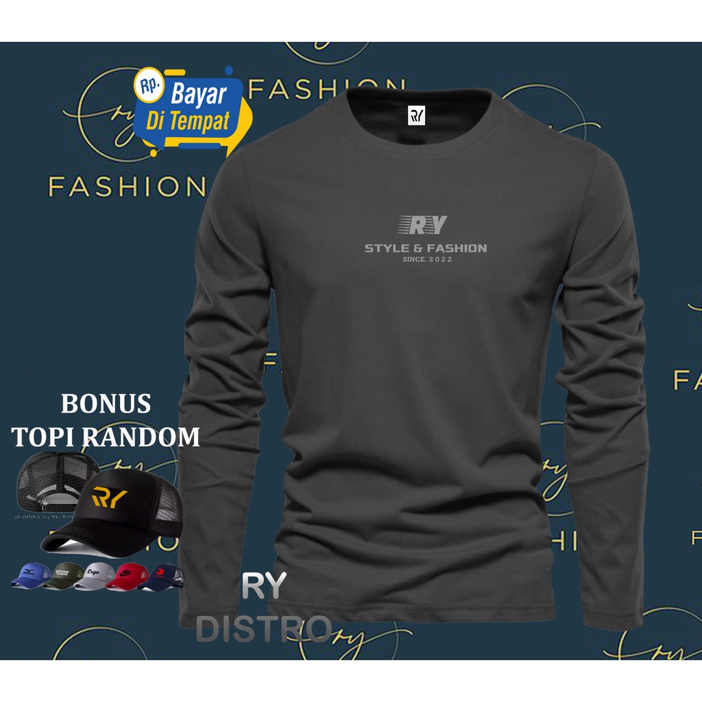 PROMO BUNUS TOPI ... Kaos Lengan Panjang RY Style & Fashion Silver +Topi / Kaos Pria /Kaos Polos kao