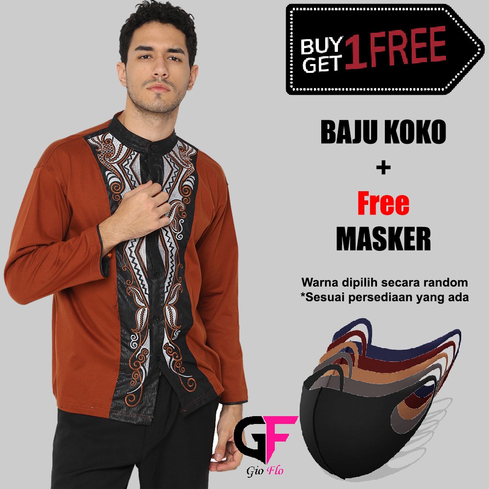 Baju Koko Pria Muslim Lengan Panjang Plus Free Masker