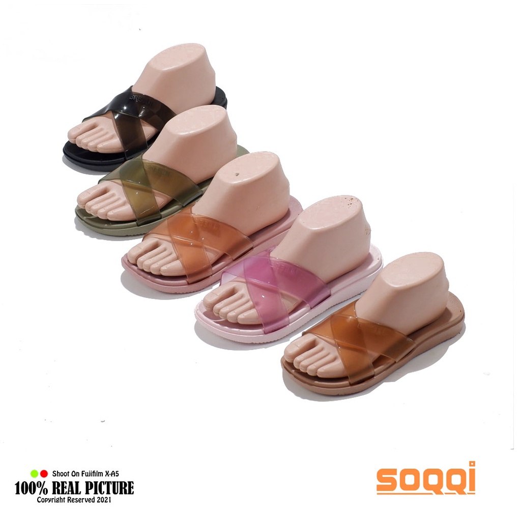 Sandal karet jelly selop wanita import korea original sendal slop jely cewek perempuan dewasa model slip on flat slide branded Soqqi-Brl 1898 8B kekinian dan terbaru promo murah cod keren 37-41