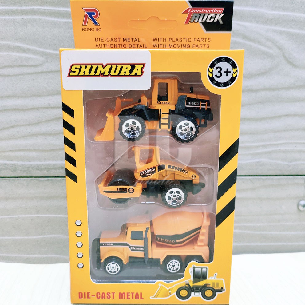 Road Construction Truck 3in1 Mainan Diecast Truk Konstruksi Molen Drum Roller Loader