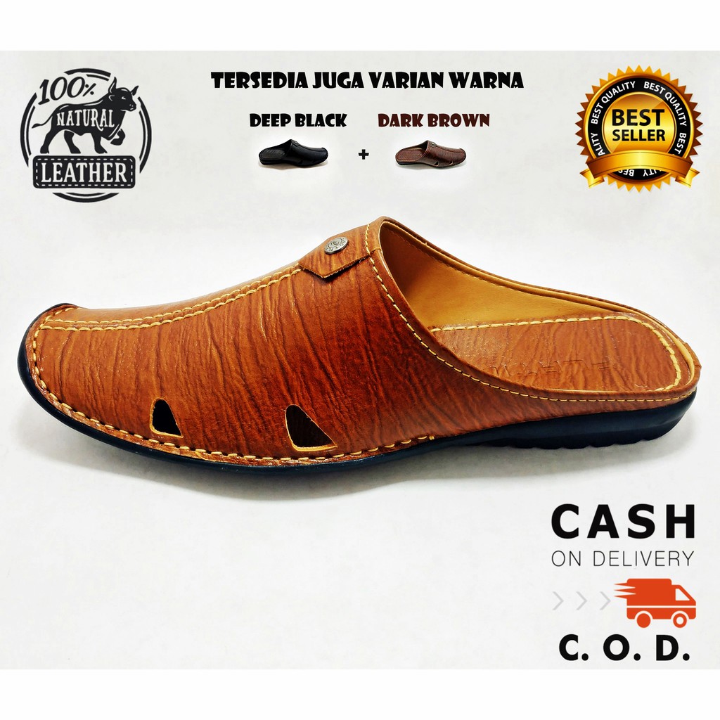 Sepatu Sandal Slip On atau Bustong Slop Pria Berbahan FULL 100% Kulit Asli Selop Tekstur Serat Kayu - PLATINO