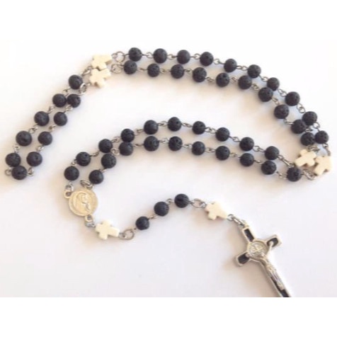Paket Kalung Rosario Batu Lava 6mm Salib Putih White Marble + Oil