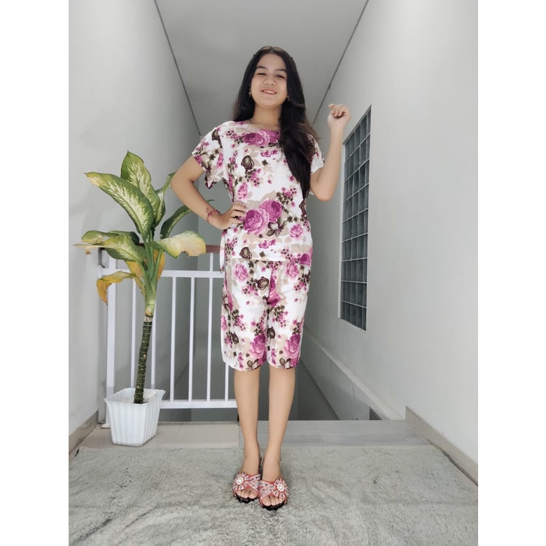 Piyama Pendek Cindy Rayon Super 03-PUTIH ORCHID
