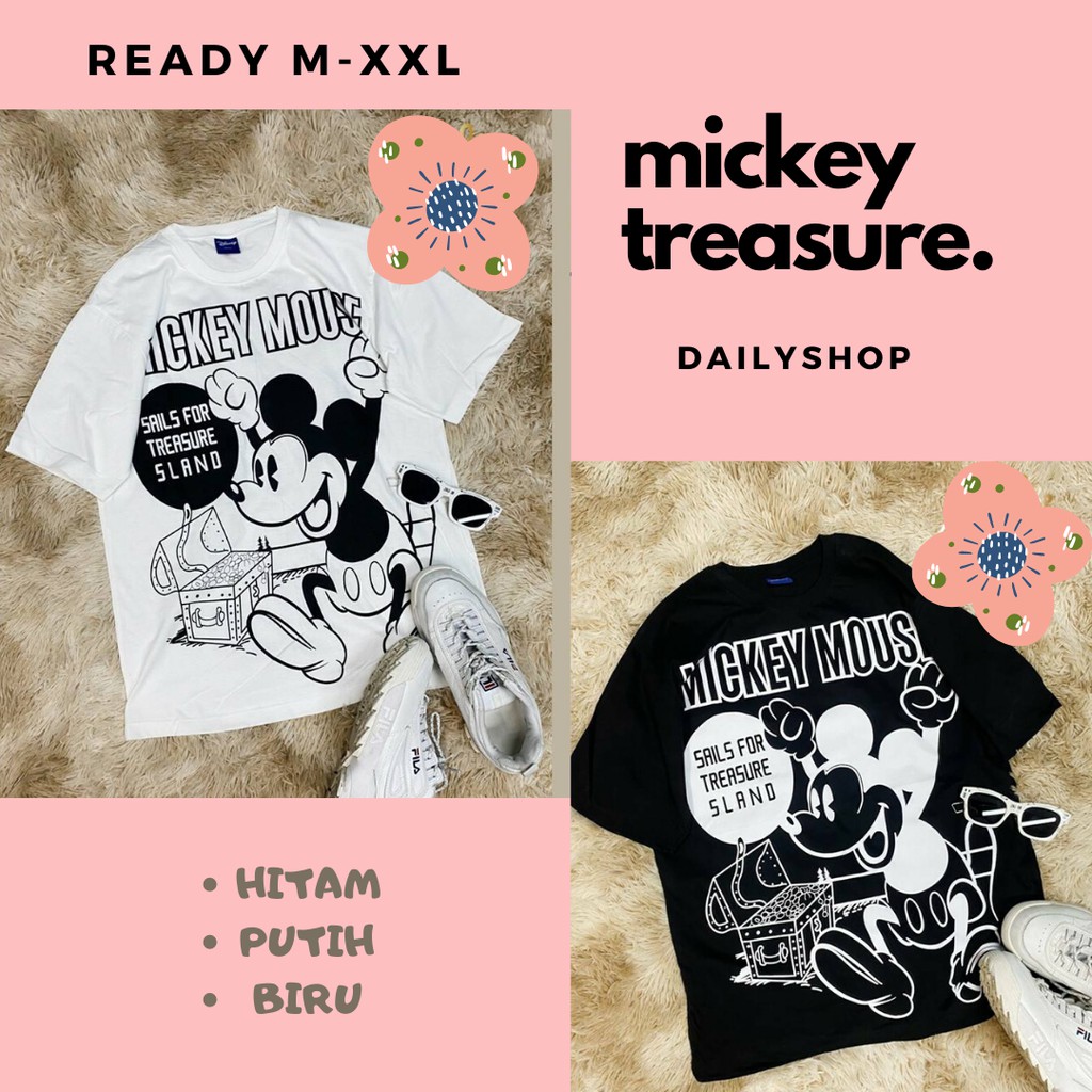 BAJU KAOS  KATUN TREASURE MICKEY  MOUSE  HITAM PUTIH  OVERSIZE 