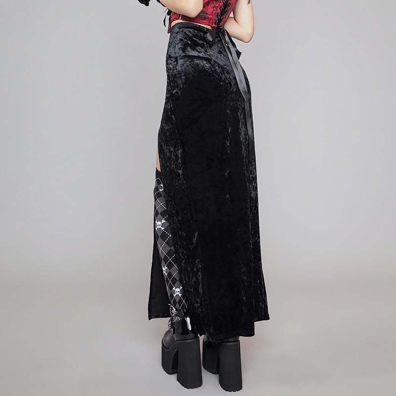 [Goth Story] Women Goth Ribbon Split Velvet Long Skirt Rok Wanita Beludru 2526 (S/M/L)