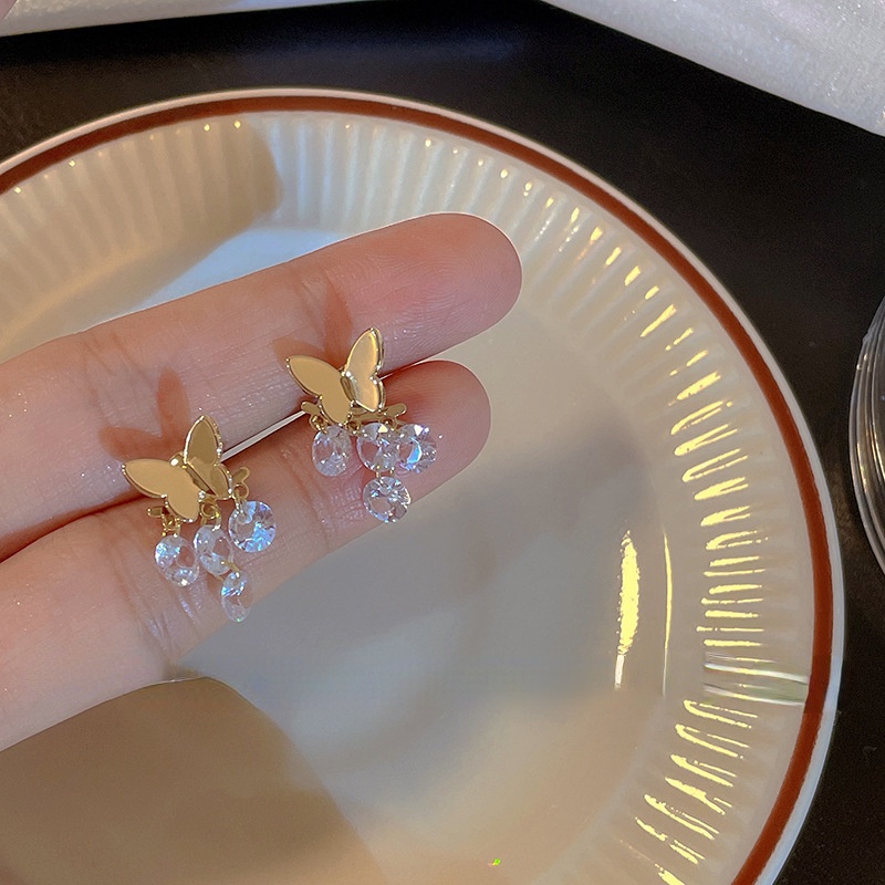 Anting Rumbai Bentuk Kupu-Kupu Warna Emas Bahan Zirkon Gaya Korea Butterfly