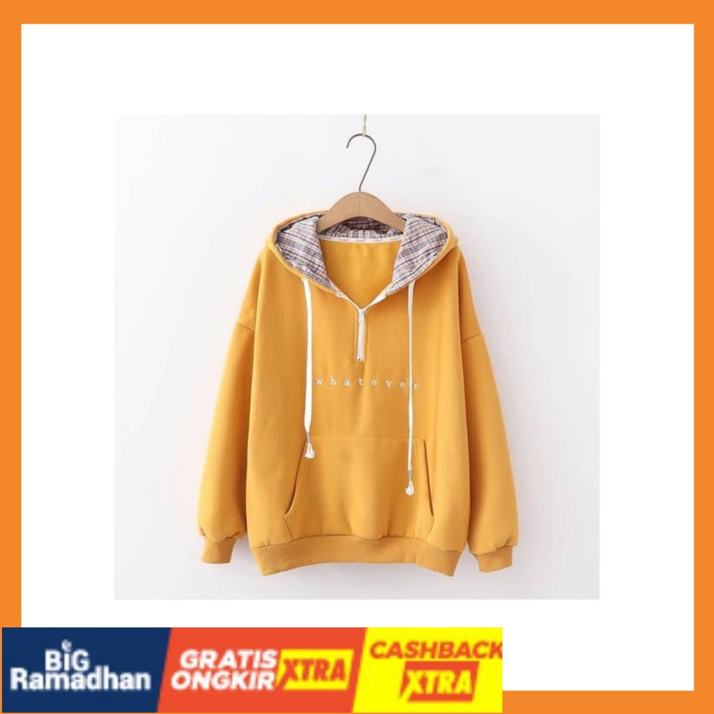 POLOS MOTIF MERAH PUTIH HITAM BIRU KUNING ASLI / SWEATER CEWEK WHATEVER HOODIE SWEATER KOREA