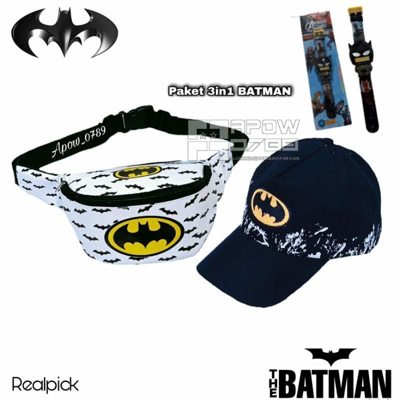 Tas Slempang Anak Laki-laki Batman 3in1 Gratis Topi dan Jam Tangan Pencet