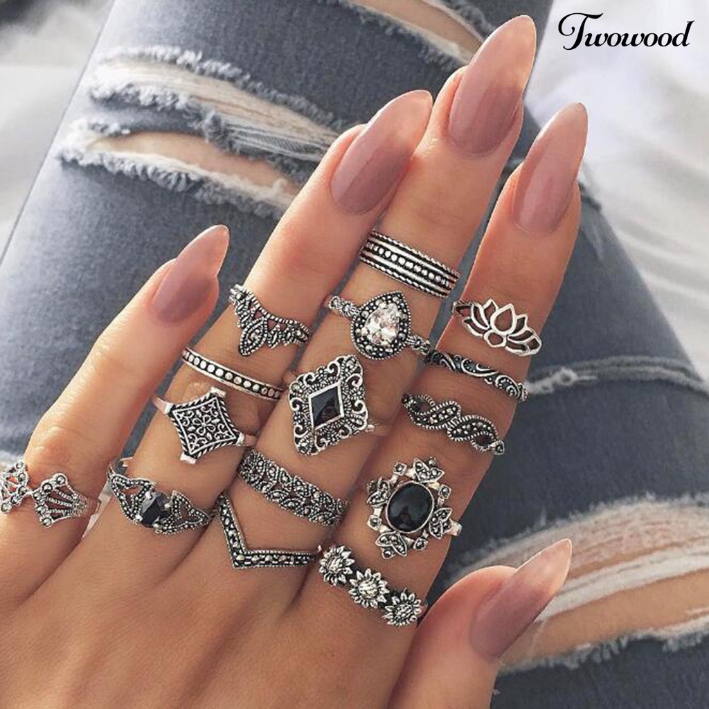 15 Pcs Cincin Berlian Imitasi Model Terbuka Gaya Bohemian Untuk Wanita