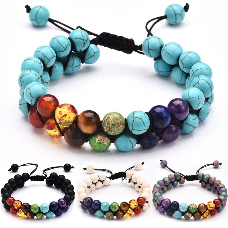 Gelang Manik-Manik Batu Alami 7 Chakra Energi Penyembuhan Multilayer Adjustable Warna Putih Turquoise