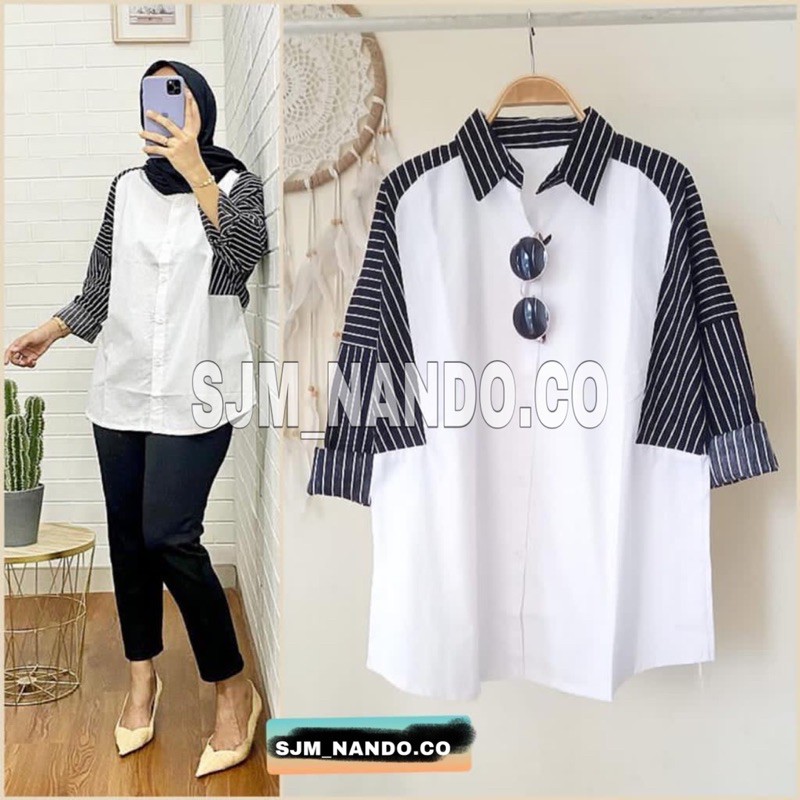 SJM kemeja wanita salur kombinasi lengan panjang kualitas import 710&707-4