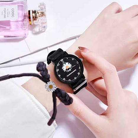 jam tangan Wanita Quartz Analog GD same paragraph Small Daisy Motif Kanvas Untuk Women Watch Set-S 1+Bracele