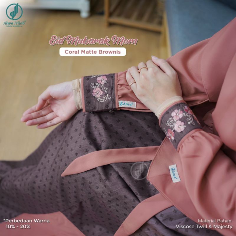Sarimbit Eid Mubarak, Couple Coral Matte Brownies, Original by Alwa Hijab
