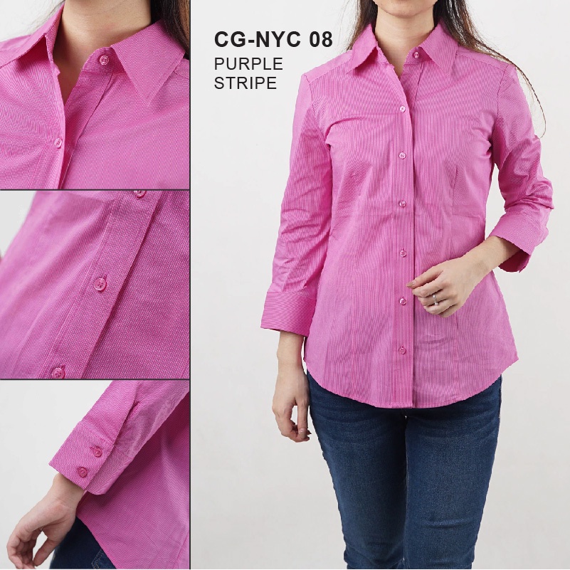 Kemeja Wanita Formal Full Kancing Lengan 7/8 Motif Stripe Katun Twill Stretch-5