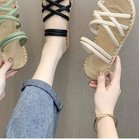 Sendal Wanita Tali Women Sandals Fashion Roman Cross Straps Flat Shoes MALL SHOPPING