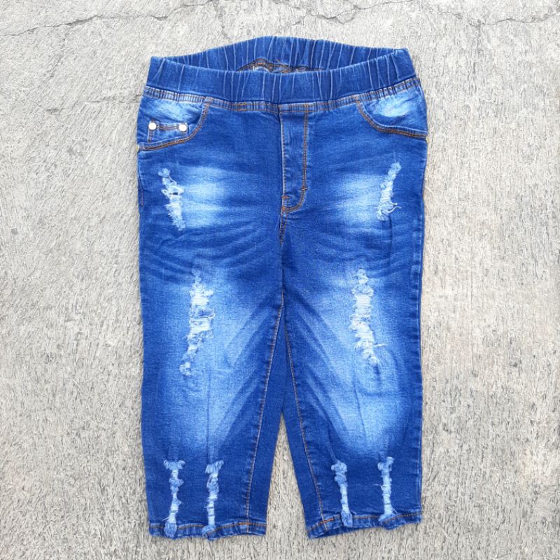 Celana jeans pendek wanita jeans sobek 7/8 legging pinggang karet kolor rip