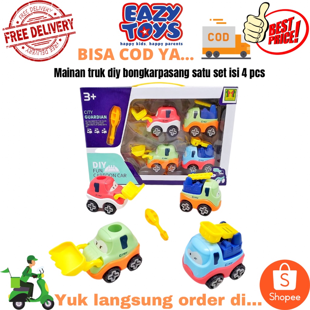 Mobil Mobilan DIY Truck Assemble City Guradian Fun Cartoon Car Truk Konstruksi Bongkar Pasang 4 Pcs