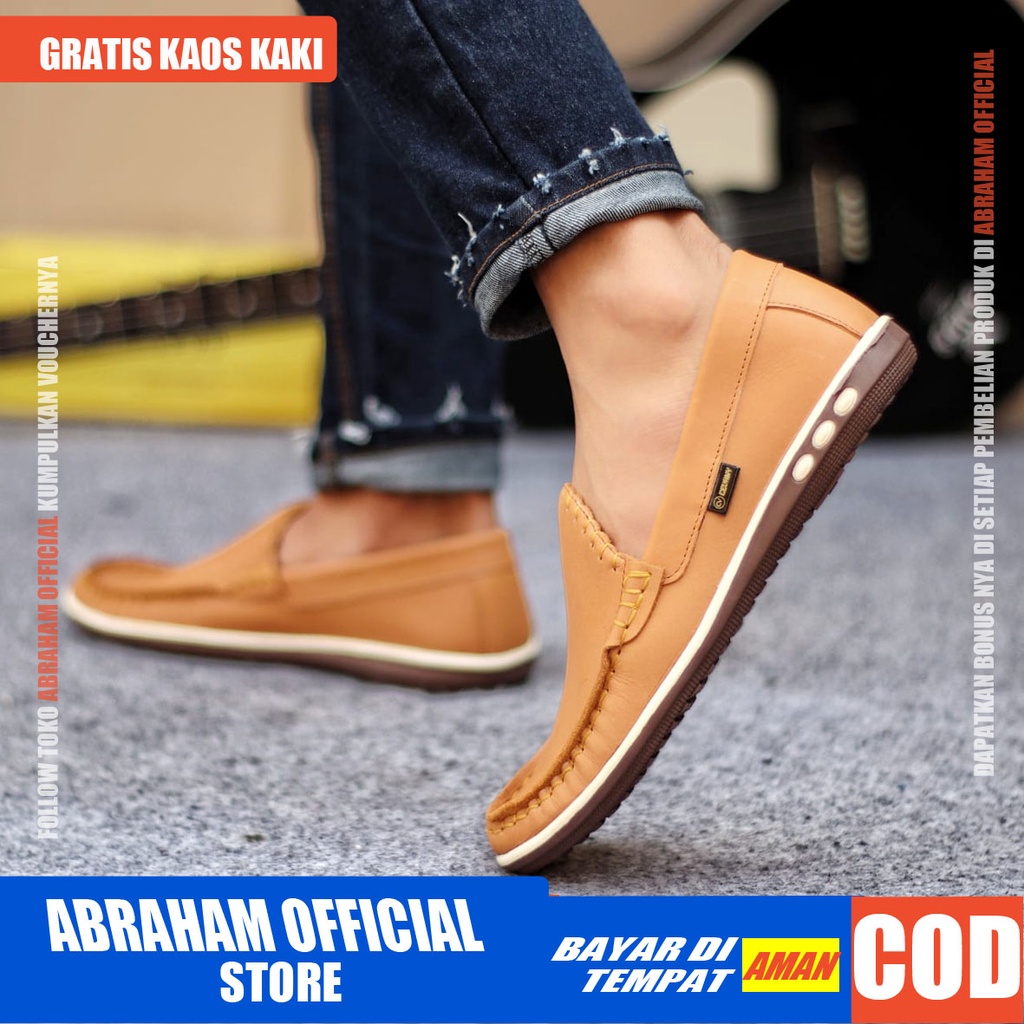 ABRHM x MYTH Sepatu Slip On Pria Sepatu Pria Casual Slip Sepatu Cowok/Cowo Kulit Asli Sepatu Kasual Slop Anti Slip Semi Formal Kerja Kuliah Gaya Santai Keren Kekinian Original Murah Terlaris