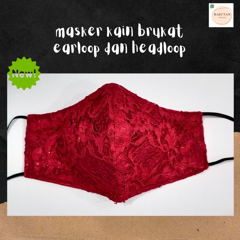 masker kain brukat brokat lace kondangan marun glitter murah tebal earloop hijab karet