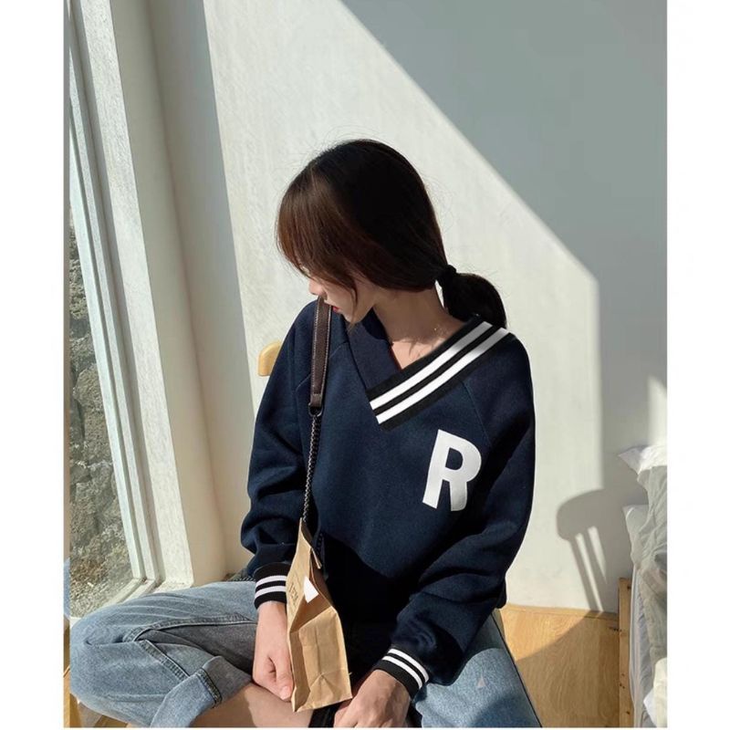 R VNECK Oversize Sweater Crewneck Oblong FLEECE-Atasan Modis Blouse Wanita Terkini Korean Style