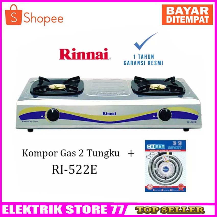 RINNAI Kompor Gas Stainless 2 Tungku RI-522E -  FREE Caisar Selang Regulator Gas Meter