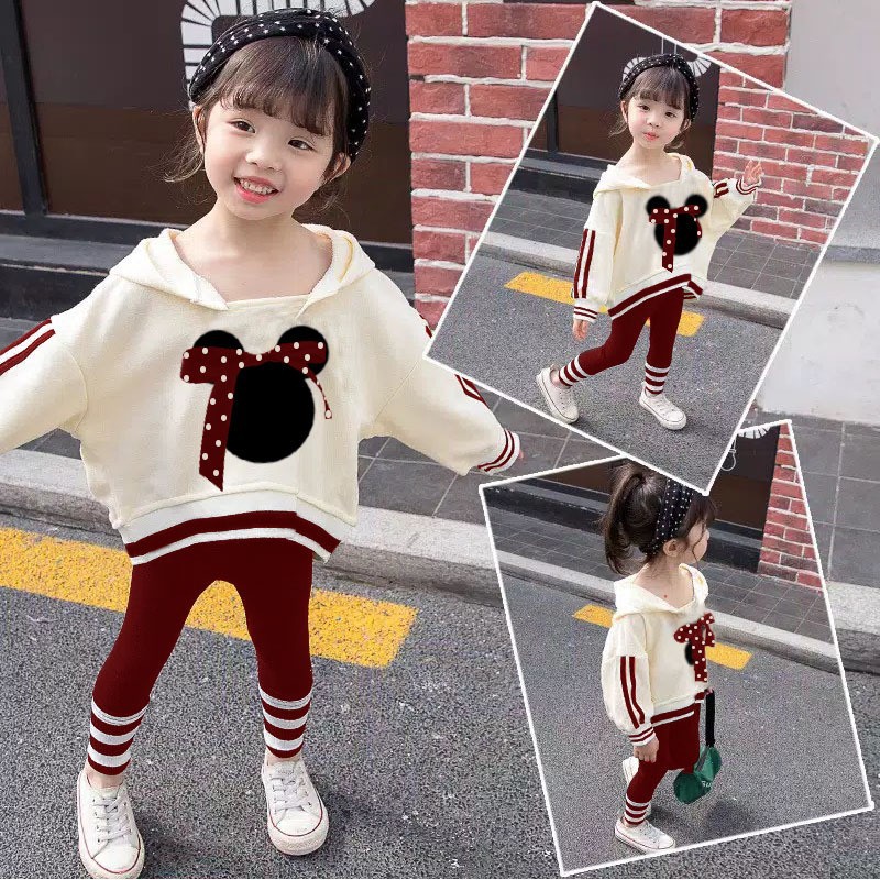 FMJ 100 Baju St Mickey Mouse Hoodie Training SL Set Setelan Anak Perempuan Wanita Cewek Babyterry