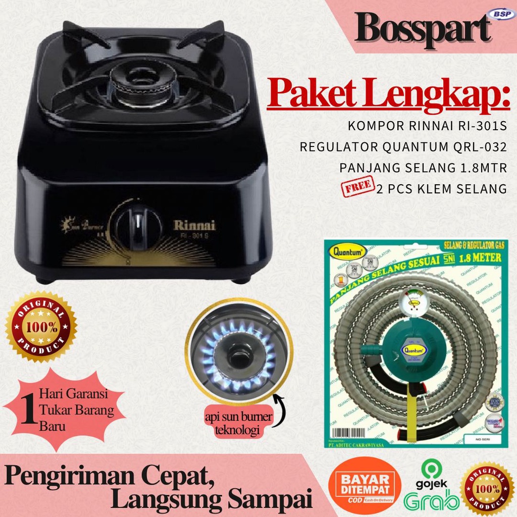 Paket Kompor Gas Rinnai 1 Tungku RI-301s bonus selang regulator Quantum