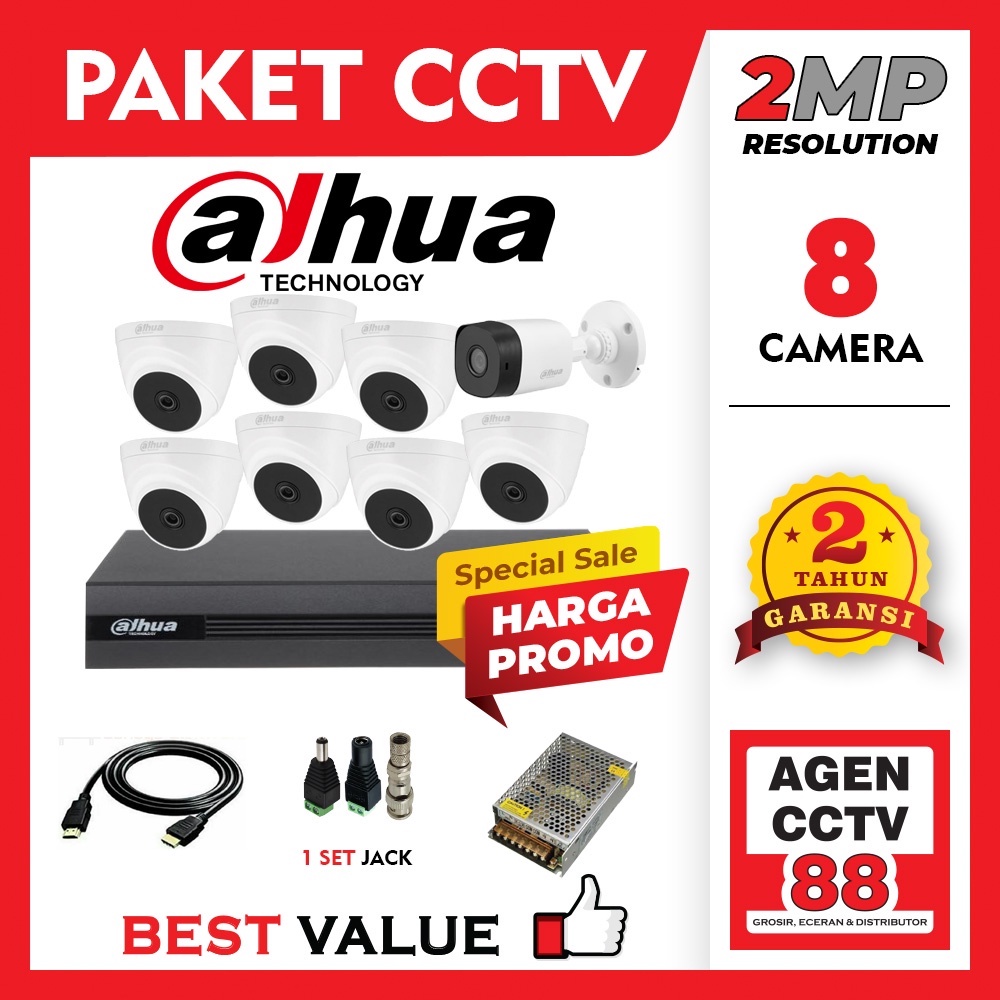 Paket CCTV DAHUA 8CH 8 Channel Kamera Full HD 2MP+Adp 20A+KB-HDMI+KB-LAN+Free Tas Batik