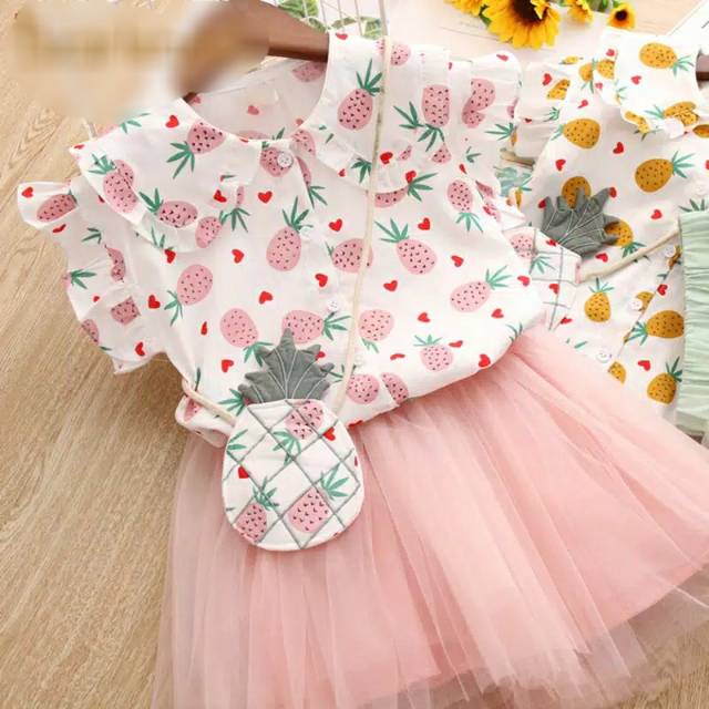 Set Setelan Baju Anak Perempuan Rok Tutu Motif Buah Nanas