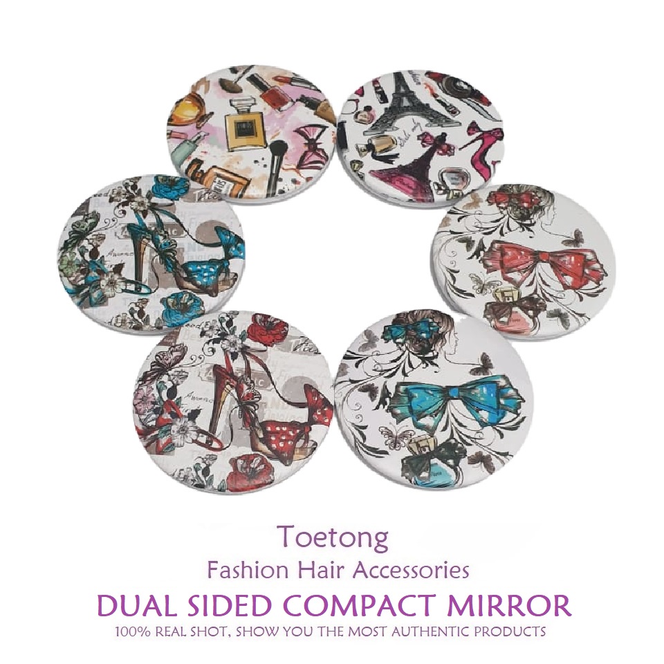 Cermin Rias Lipat Dua Sisi Diameter 7.5cm Kaca Makeup Bulat Portable Double Sided Compact Mirror-CL B(369F3)-VINTAGE