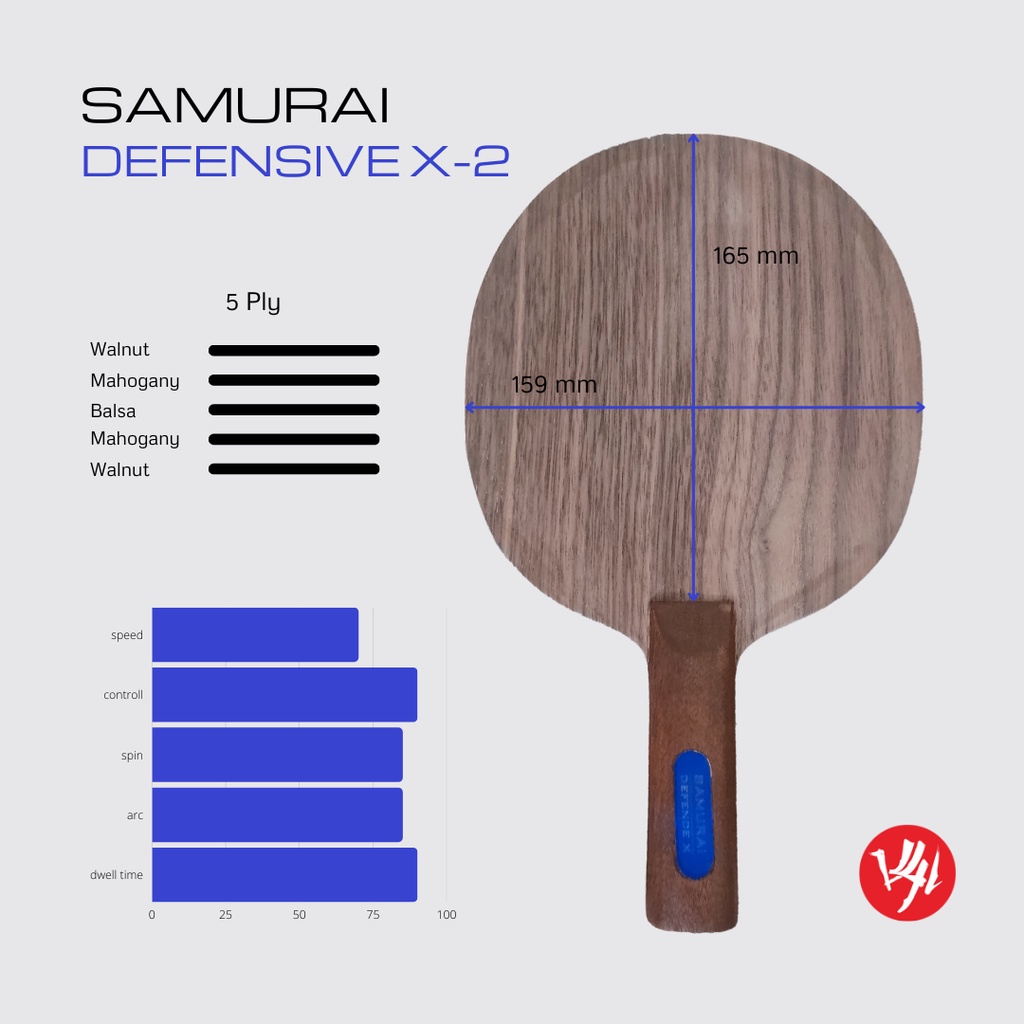 KaiSport Samurai Defensive X-1 X-2 Kayu Tenis Meja Bertahan Bet Pingpong untuk Karet Bintik Anti uku