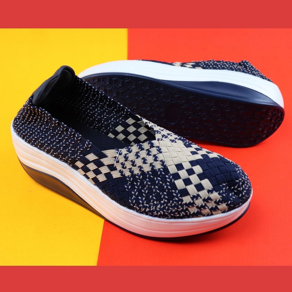 Sepatu Wanita Fashion Wedges Rajut Import OWLE Navy