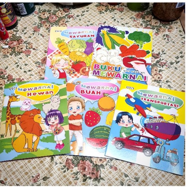 

buku mewarnai KIKY transportasi,buahsayur,hewan