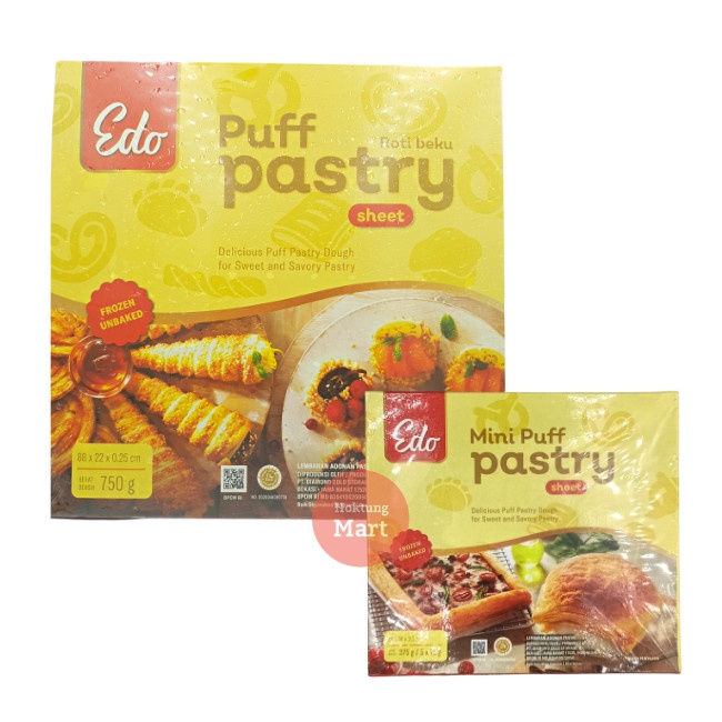 

Edo Puff Pastry Sheet /Danish 750gr / Mini Puff Edo 375gr Roti Zuppa Soup Frozen