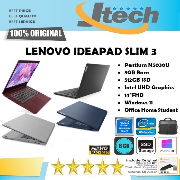 LENOVO IDEAPAD SLIM 3i - INTEL PENTIUM N5030U - 8GB - 512GB SSD - 14&quot;FHD - WIN11 - OFFICE HOME STUDENT