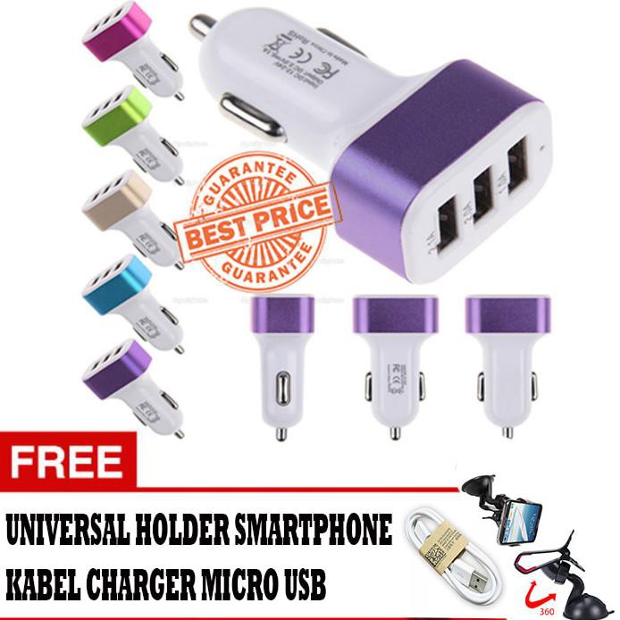 Car Charger 5.1A 3 Port Casan Mobil Gratis Holder Hp & Kabel Micro