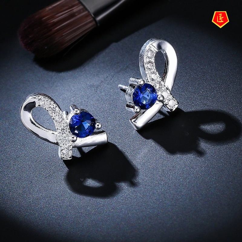 [Ready Stock]925 Silver Fashion Bow Diamond Sapphire Stud Earrings