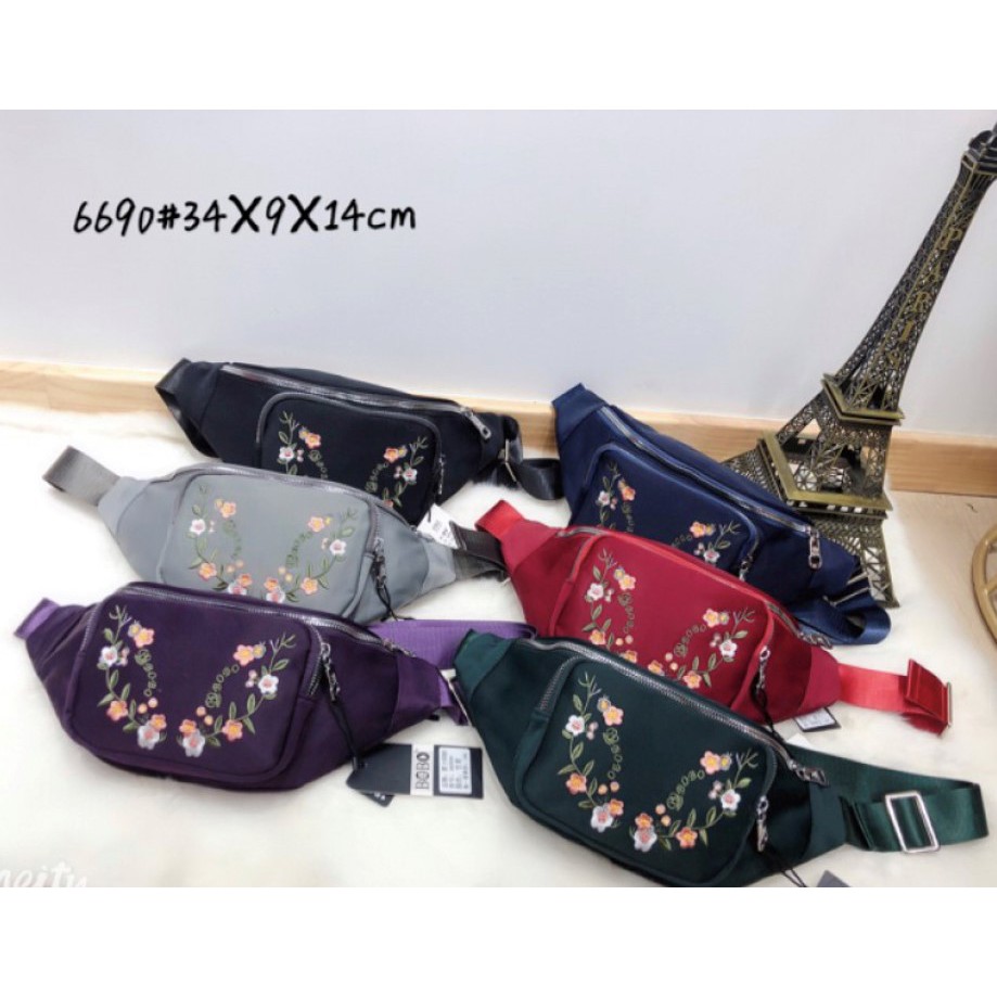 Tas Wanita Import Pinggang Selempang Waistbag Waist Bag BOBO Mini BB6690 6690 Bordir Bunga Parasut S