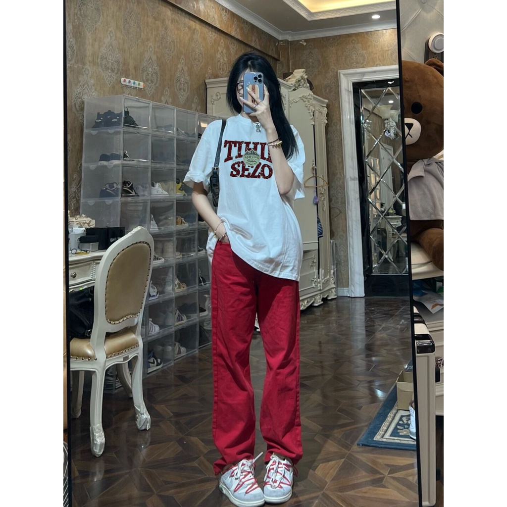 EUNII T-shirt Lengan Pendek Retro Pencetakan Longgar Korean Style/Kaos Atasan Wanita/Baju Kaus Oversize Wanita