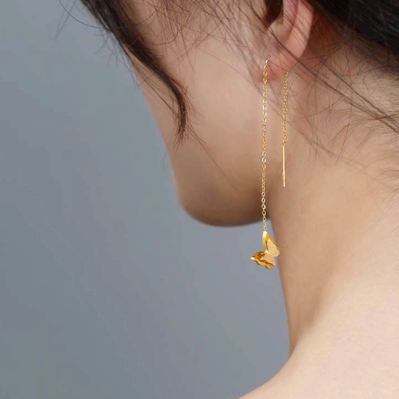 Anting Kupu kupu Korea Titanium Panjang Lapis Emas 18K Aksesoris Wanita Anting Rumbai Perhiasan