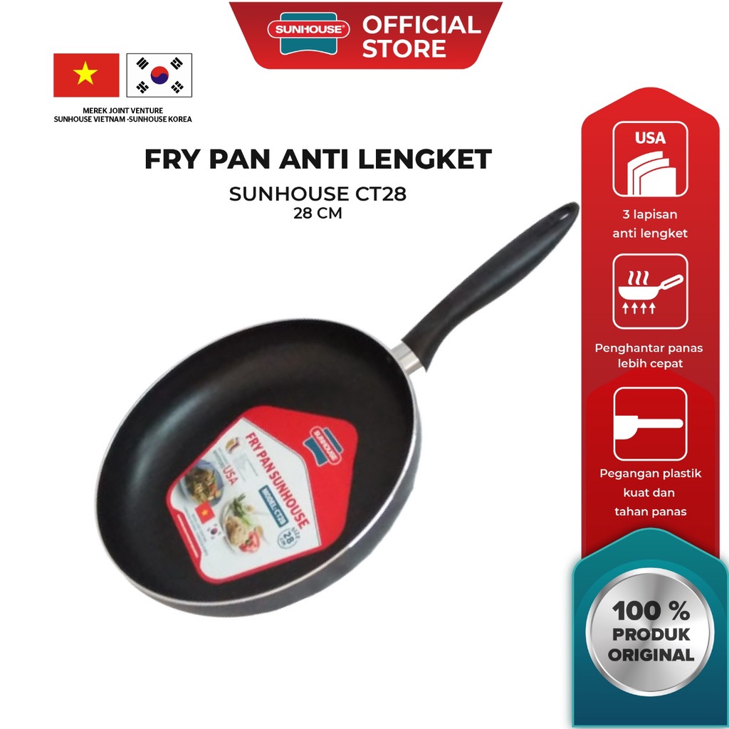 COD!!BARU!! Sunhouse CT-28 Plain Frypan Anti Lengket Hitam 28 cm 1 Pcs || Dapur || Peralatan Masak