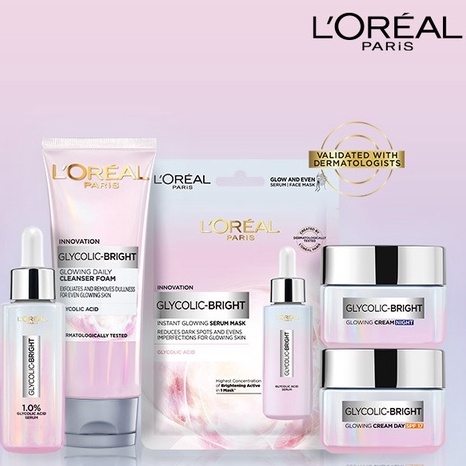 Loreal Glycolic Bright Instant Glowing Series : Face Serum - Day Cream -  Night Cream - Cleansing Foam - Serum Mask