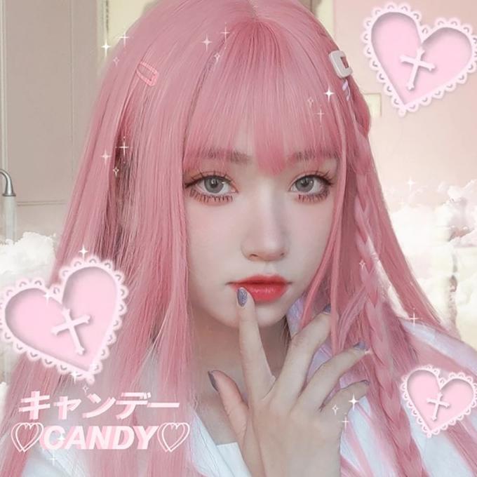 Wig Warna Pink Smooth Rambut Palsu Panjang Lurus Berponi Cosplay R009