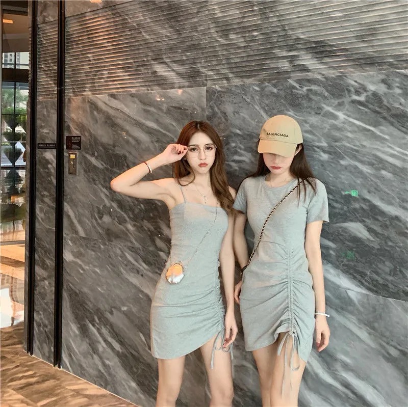 Dress Bodycon Sexy Model Slim Lengan Pendek Warna Polos Dengan Tali Serut Untuk Wanita